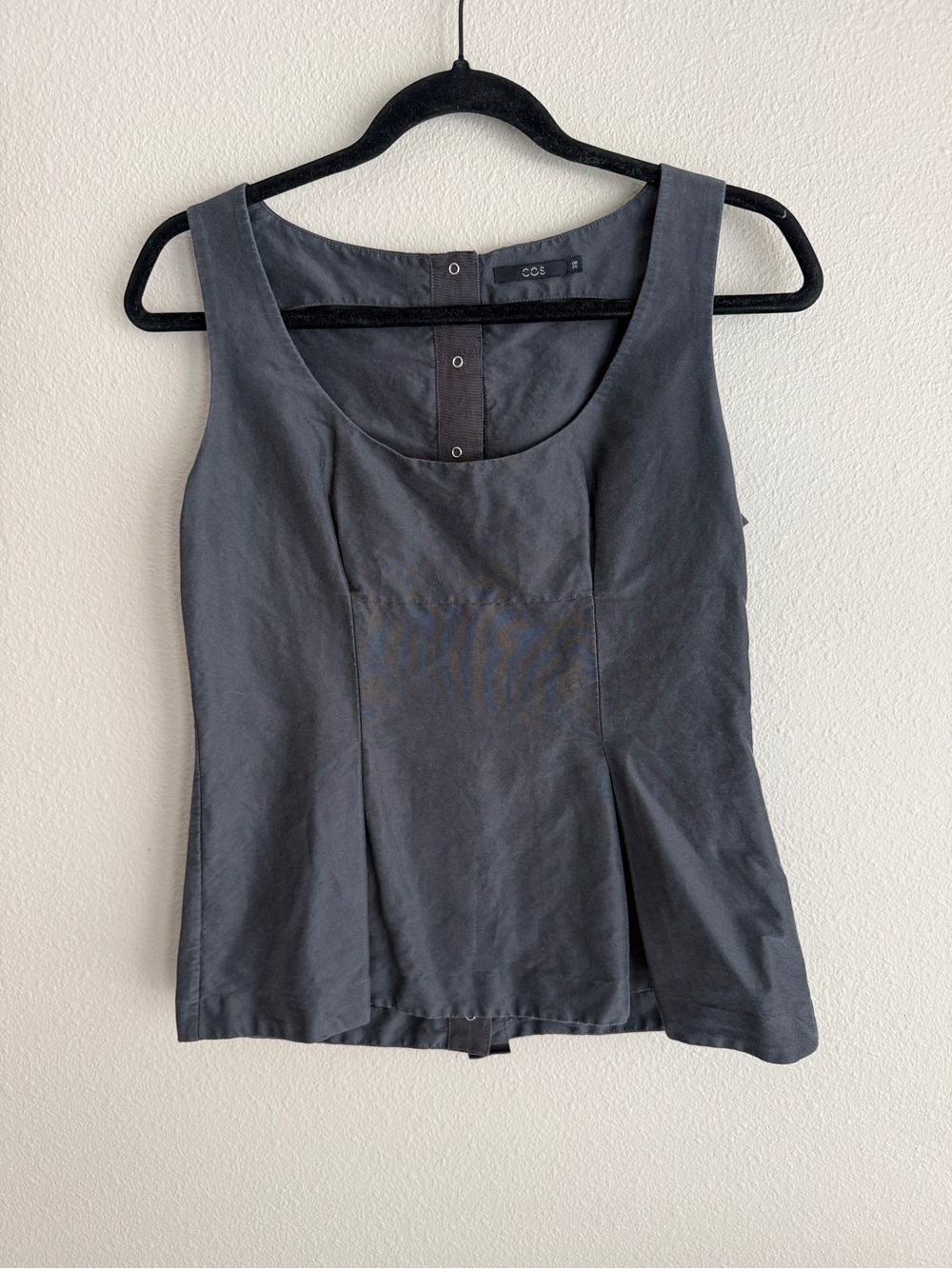 COS Sz M Charcoal Gray Sleeveless Cotton Silk Corset Blouse Top Button Back 38 - Picture 2 of 7